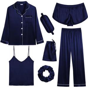 imageSWOMOG Women Satin Pajamas 4pcs Pajama Set Sexy Cami Shorts Set and Button Down Long Sleeve Pjs Loungewear SleepwearDeep Navy Blue