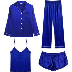 imageSWOMOG Women Satin Pajamas 4pcs Pajama Set Sexy Cami Shorts Set and Button Down Long Sleeve Pjs Loungewear SleepwearLight Blue