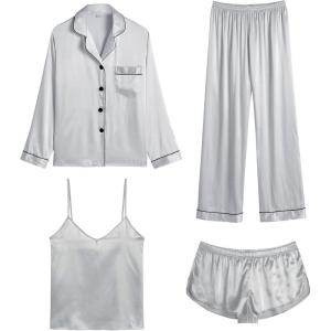 imageSWOMOG Women Satin Pajamas 4pcs Pajama Set Sexy Cami Shorts Set and Button Down Long Sleeve Pjs Loungewear SleepwearLight Grey