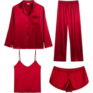 imageSWOMOG Women Satin Pajamas 4pcs Pajama Set Sexy Cami Shorts Set and Button Down Long Sleeve Pjs Loungewear SleepwearRedb