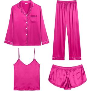 imageSWOMOG Women Satin Pajamas 4pcs Pajama Set Sexy Cami Shorts Set and Button Down Long Sleeve Pjs Loungewear SleepwearRose Red