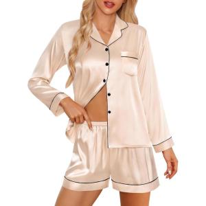 imageSWOMOG Womens 2 PCS  3 PCS Pajamas Set Silk Satin Long Sleeve Sleepwear Button Down Loungewear Pjs NightwearZ  Champagne  2 Pcs