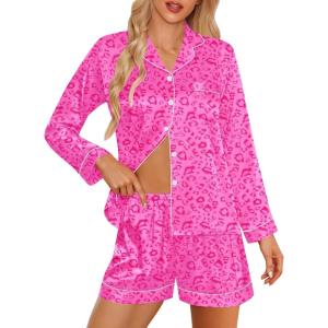 imageSWOMOG Womens 2 PCS  3 PCS Pajamas Set Silk Satin Long Sleeve Sleepwear Button Down Loungewear Pjs NightwearZ  Hot Pink Leopard  2 Pcs