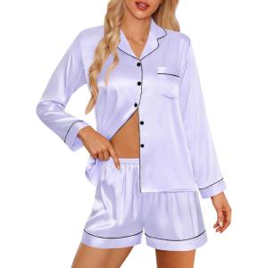 imageSWOMOG Womens 2 PCS  3 PCS Pajamas Set Silk Satin Long Sleeve Sleepwear Button Down Loungewear Pjs NightwearZ  Lavender  2 Pcs