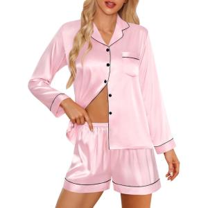 imageSWOMOG Womens 2 PCS  3 PCS Pajamas Set Silk Satin Long Sleeve Sleepwear Button Down Loungewear Pjs NightwearZ  Pink  2 Pcs
