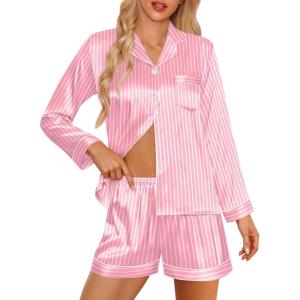 imageSWOMOG Womens 2 PCS  3 PCS Pajamas Set Silk Satin Long Sleeve Sleepwear Button Down Loungewear Pjs NightwearZ  Pink Striped  2 Pcs