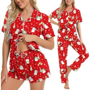 imageSWOMOG Womens 3pcs Button Down Pajamas Set Short Sleeve Sleepwear Bride Pj Lounge Set with Long PantsSnowman