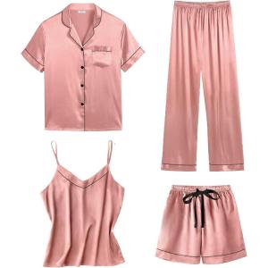 imageSWOMOG Womens 4pcs Pajamas Sets Short Sleeve Camisole with Button Down Shirt Pjs Silk Satin Sleepwear LoungewearMisty Rose