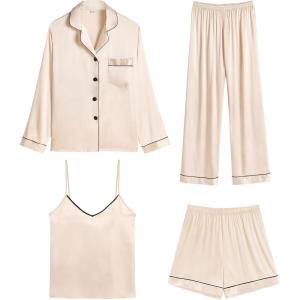 imageSWOMOG Womens 4pcs Pajamas Sets Silk Satin Pjs Sexy Cami Shorts Set Button Down Long Short Sleeve Sleepwear LoungewearChampagne