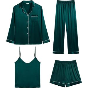 imageSWOMOG Womens 4pcs Pajamas Sets Silk Satin Pjs Sexy Cami Shorts Set Button Down Long Short Sleeve Sleepwear LoungewearDeep Green