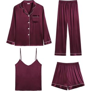imageSWOMOG Womens 4pcs Pajamas Sets Silk Satin Pjs Sexy Cami Shorts Set Button Down Long Short Sleeve Sleepwear LoungewearDeep Wine Red