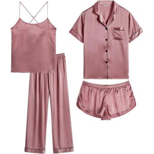 imageSWOMOG Womens 4pcs Pajamas Sets Silk Satin Pjs Sexy Cami Shorts Set Button Down Long Short Sleeve Sleepwear LoungewearMisty Rose