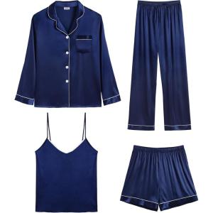imageSWOMOG Womens 4pcs Pajamas Sets Silk Satin Pjs Sexy Cami Shorts Set Button Down Long Short Sleeve Sleepwear LoungewearNavy Blue