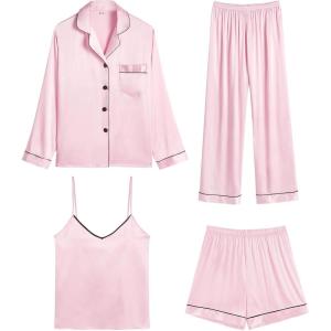 imageSWOMOG Womens 4pcs Pajamas Sets Silk Satin Pjs Sexy Cami Shorts Set Button Down Long Short Sleeve Sleepwear LoungewearPink