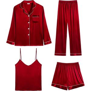 imageSWOMOG Womens 4pcs Pajamas Sets Silk Satin Pjs Sexy Cami Shorts Set Button Down Long Short Sleeve Sleepwear LoungewearRed
