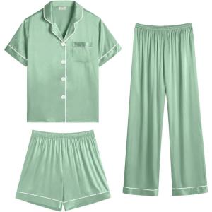 imageSWOMOG Womens Silk Satin Pajama Sets 3Pcs Button Down Pj Set Short Sleeve Sleepwear Loungewear Pjs Nightwear XSXXLAvocado Green