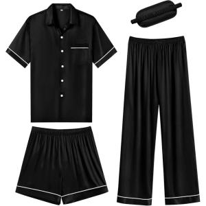 imageSWOMOG Womens Silk Satin Pajama Sets 3Pcs Button Down Pj Set Short Sleeve Sleepwear Loungewear Pjs Nightwear XSXXLBlack With Eye Mask