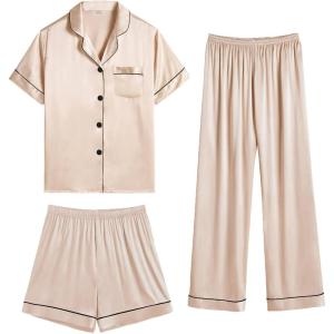 imageSWOMOG Womens Silk Satin Pajama Sets 3Pcs Button Down Pj Set Short Sleeve Sleepwear Loungewear Pjs Nightwear XSXXLChampagne