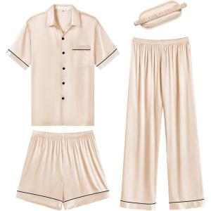 imageSWOMOG Womens Silk Satin Pajama Sets 3Pcs Button Down Pj Set Short Sleeve Sleepwear Loungewear Pjs Nightwear XSXXLChampagne With Eye Mask