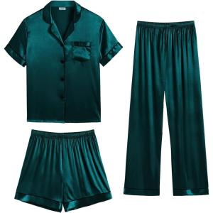 imageSWOMOG Womens Silk Satin Pajama Sets 3Pcs Button Down Pj Set Short Sleeve Sleepwear Loungewear Pjs Nightwear XSXXLDeep Green