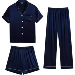imageSWOMOG Womens Silk Satin Pajama Sets 3Pcs Button Down Pj Set Short Sleeve Sleepwear Loungewear Pjs Nightwear XSXXLDeep Navy Blue