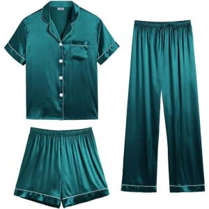 imageSWOMOG Womens Silk Satin Pajama Sets 3Pcs Button Down Pj Set Short Sleeve Sleepwear Loungewear Pjs Nightwear XSXXLGreen