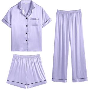 imageSWOMOG Womens Silk Satin Pajama Sets 3Pcs Button Down Pj Set Short Sleeve Sleepwear Loungewear Pjs Nightwear XSXXLLavender