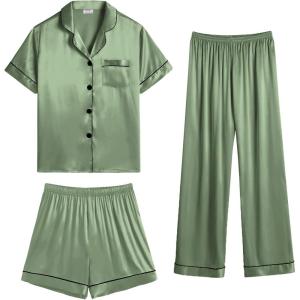 imageSWOMOG Womens Silk Satin Pajama Sets 3Pcs Button Down Pj Set Short Sleeve Sleepwear Loungewear Pjs Nightwear XSXXLMatcha