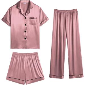 imageSWOMOG Womens Silk Satin Pajama Sets 3Pcs Button Down Pj Set Short Sleeve Sleepwear Loungewear Pjs Nightwear XSXXLMisty Rose
