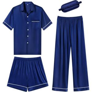 imageSWOMOG Womens Silk Satin Pajama Sets 3Pcs Button Down Pj Set Short Sleeve Sleepwear Loungewear Pjs Nightwear XSXXLNavy Blue With Eye Mask