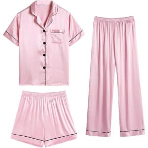 imageSWOMOG Womens Silk Satin Pajama Sets 3Pcs Button Down Pj Set Short Sleeve Sleepwear Loungewear Pjs Nightwear XSXXLPink