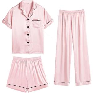 imageSWOMOG Womens Silk Satin Pajama Sets 3Pcs Button Down Pj Set Short Sleeve Sleepwear Loungewear Pjs Nightwear XSXXLSakura Pink