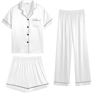 imageSWOMOG Womens Silk Satin Pajama Sets 3Pcs Button Down Pj Set Short Sleeve Sleepwear Loungewear Pjs Nightwear XSXXLWhite
