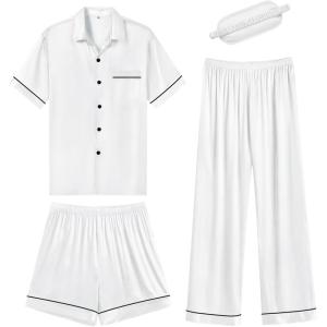 imageSWOMOG Womens Silk Satin Pajama Sets 3Pcs Button Down Pj Set Short Sleeve Sleepwear Loungewear Pjs Nightwear XSXXLWhite With Eye Mask