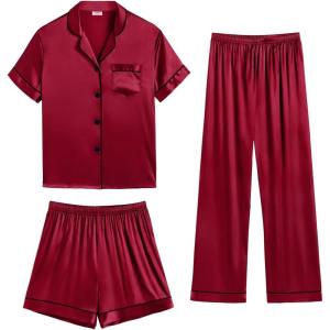 imageSWOMOG Womens Silk Satin Pajama Sets 3Pcs Button Down Pj Set Short Sleeve Sleepwear Loungewear Pjs Nightwear XSXXLWine Red