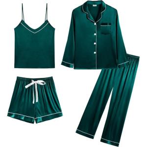 imageSWOMOG Womens Silk Satin Pajamas Sets 4pcs Loungewear Sexy Cami Shorts Set Button Down Long Sleeve Pjs SleepwearDark Green