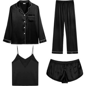 imageSWOMOG Womens Silk Satin Pajamas Sets 4pcs Loungewear Sexy Cami Shorts Set Button Down Long Sleeve Pjs SleepwearLong Sleeve Classicblack