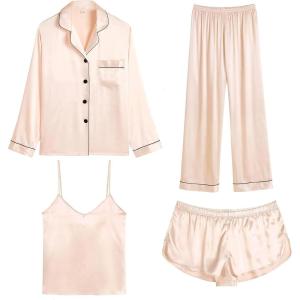 imageSWOMOG Womens Silk Satin Pajamas Sets 4pcs Loungewear Sexy Cami Shorts Set Button Down Long Sleeve Pjs SleepwearLong Sleeve Classicchampagne