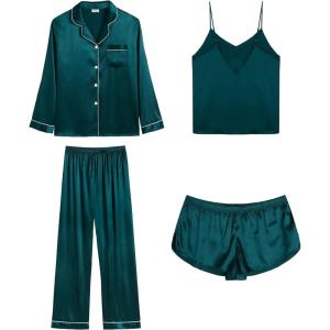 imageSWOMOG Womens Silk Satin Pajamas Sets 4pcs Loungewear Sexy Cami Shorts Set Button Down Long Sleeve Pjs SleepwearLong Sleeve Classicgreen