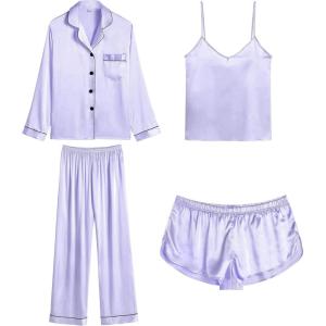 imageSWOMOG Womens Silk Satin Pajamas Sets 4pcs Loungewear Sexy Cami Shorts Set Button Down Long Sleeve Pjs SleepwearLong Sleeve Classiclavender