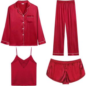 imageSWOMOG Womens Silk Satin Pajamas Sets 4pcs Loungewear Sexy Cami Shorts Set Button Down Long Sleeve Pjs SleepwearLong Sleeve Classicred