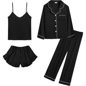 imageSWOMOG Womens Silk Satin Pajamas Sets 4pcs Loungewear Sexy Cami Shorts Set Button Down Long Sleeve Pjs SleepwearLong Sleeveblack
