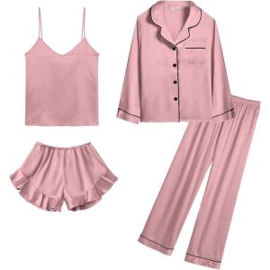 imageSWOMOG Womens Silk Satin Pajamas Sets 4pcs Loungewear Sexy Cami Shorts Set Button Down Long Sleeve Pjs SleepwearLong Sleevemisty Rose