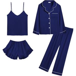 imageSWOMOG Womens Silk Satin Pajamas Sets 4pcs Loungewear Sexy Cami Shorts Set Button Down Long Sleeve Pjs SleepwearLong Sleevenavy Blue