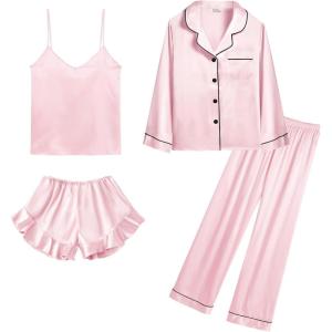 imageSWOMOG Womens Silk Satin Pajamas Sets 4pcs Loungewear Sexy Cami Shorts Set Button Down Long Sleeve Pjs SleepwearLong Sleevepink