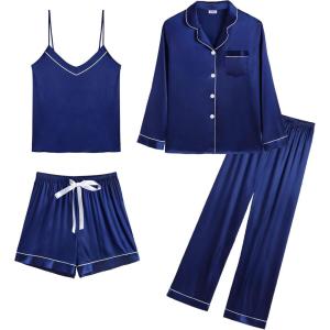 imageSWOMOG Womens Silk Satin Pajamas Sets 4pcs Loungewear Sexy Cami Shorts Set Button Down Long Sleeve Pjs SleepwearNavy Blue