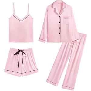 imageSWOMOG Womens Silk Satin Pajamas Sets 4pcs Loungewear Sexy Cami Shorts Set Button Down Long Sleeve Pjs SleepwearPink
