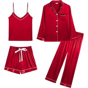 imageSWOMOG Womens Silk Satin Pajamas Sets 4pcs Loungewear Sexy Cami Shorts Set Button Down Long Sleeve Pjs SleepwearRed