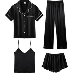 imageSWOMOG Womens Silk Satin Pajamas Sets 4pcs Loungewear Sexy Cami Shorts Set Button Down Long Sleeve Pjs SleepwearShort Sleeveblack