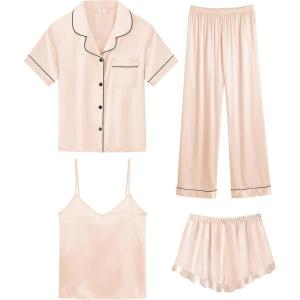 imageSWOMOG Womens Silk Satin Pajamas Sets 4pcs Loungewear Sexy Cami Shorts Set Button Down Long Sleeve Pjs SleepwearShort Sleevechampagne